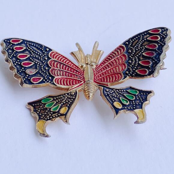 VTG 1950s Butterfly Brooch Gold Tone Black Colorful Enamel Cloisonné Style Pin - Picture 3 of 8